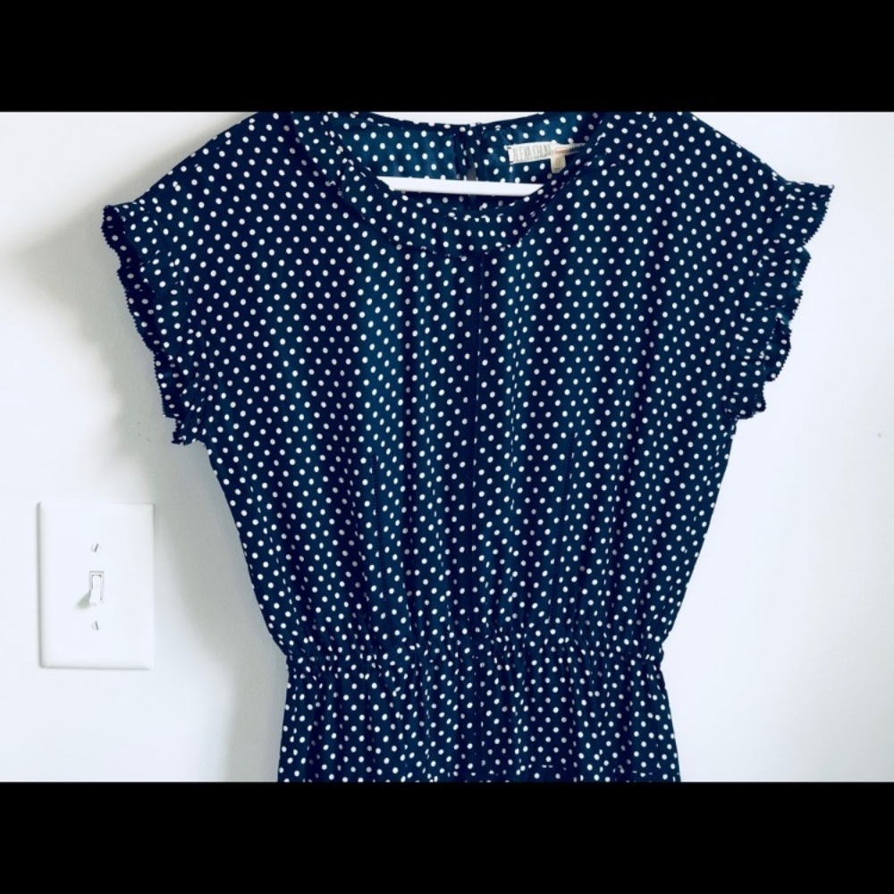 Madewell Alexa Chung sz 0 blue polka dot 100% silk tea dress drop waist pleated - Picture 8 of 8